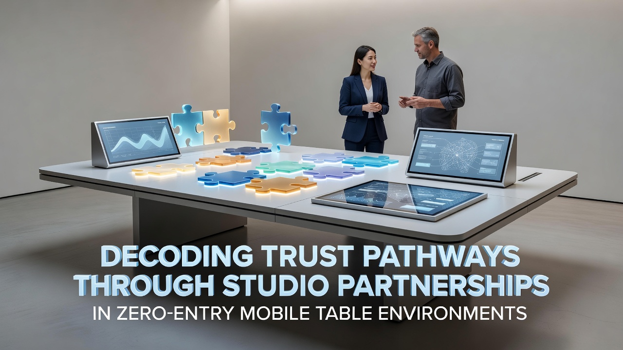 Illustration von vernetzten Studio-Partnerschaften in mobilen Casino-Umgebungen mit Fokus auf Vertrauensbildung und sichere Zero-Entry-Protokolle